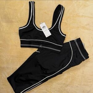 ALO Yoga Black Sports Bra & Legging Set with White Piping